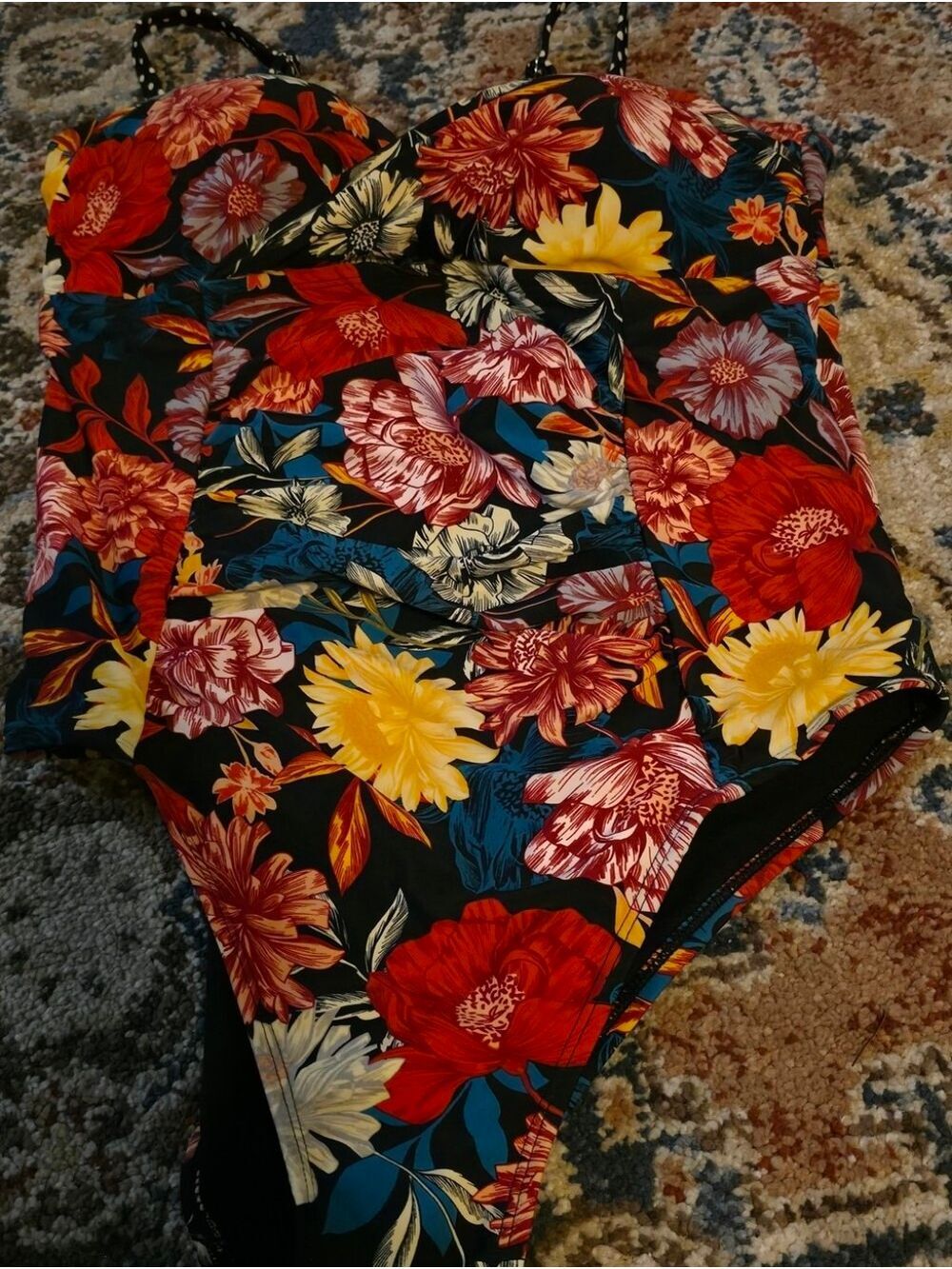 4/$25 Deal! Black Floral One-Piece Swimsuit with Red, Yellow & Blue Flowers